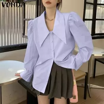 VONDA женская летняя рубашка с воротником с откидными лацканами и настоящей планкой с длинным рукавом, однотонная повседневная рубашка