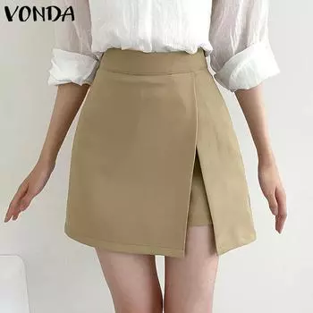 VONDA женская летняя сборная талия однотонная свободная повседневная полуюбка с разрезом