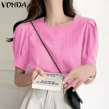 VONDA женская летняя сплошная цветная свободная блузка с короткими рукавами и вырезом с волнистым краем
