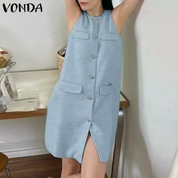 VONDA женская летняя сумка без рукавов с круглым вырезом и клапаном, маленькое ароматное стильное однотонное свободное короткое платье трапециевидной формы