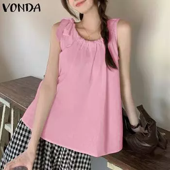 VONDA женская летняя Свободная блузка без рукавов с круглым вырезом и плиссированным галстуком, однотонная
