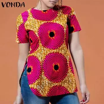 VONDA женская летняя свободная блузка большого размера с круглым вырезом и короткими рукавами с принтом