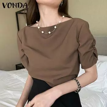 VONDA женская летняя свободная блузка с цельным плиссированным воротником и короткими рукавами