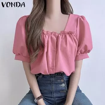VONDA женская летняя свободная блузка с деревянным краем уха, квадратным вырезом, короткими рукавами и пуговицами