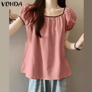 VONDA женская летняя свободная блузка с круглым вырезом и короткими рукавами, контрастные цвета