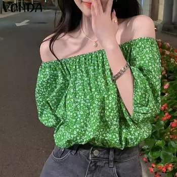 VONDA женская летняя свободная блузка с круглым вырезом и коротким рукавом с небольшим цветочным принтом S зелёный