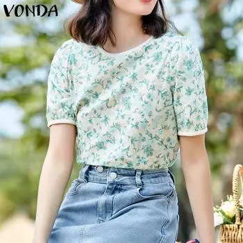 VONDA Женская летняя свободная блузка с круглым вырезом и коротким рукавом контрастного цвета с небольшим цветочным принтом