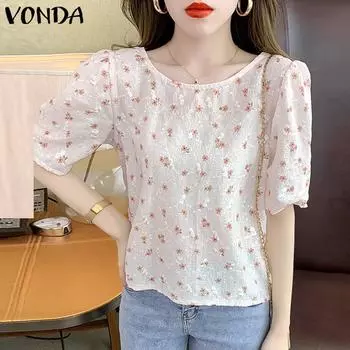VONDA женская летняя свободная блузка с круглым вырезом, короткими рукавами и прямым цветочным принтом