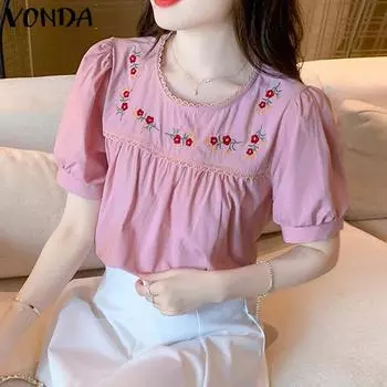 VONDA женская летняя свободная блузка с круглым вырезом и коротким рукавом с вышитым принтом 3XL зелёный