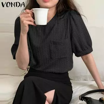 VONDA женская летняя свободная блузка с круглым вырезом и короткими рукавами и карманами