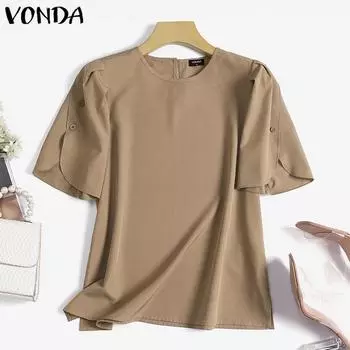 VONDA женская летняя свободная блузка с круглым вырезом и коротким рукавом на пуговицах