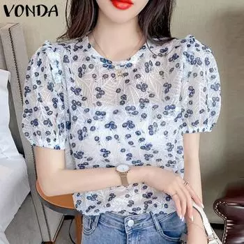 VONDA женская летняя свободная блузка с круглым вырезом, короткими рукавами и прямым цветочным принтом