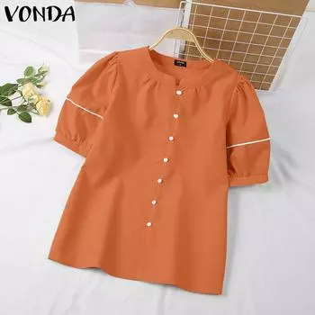 VONDA женская летняя свободная блузка с круглым вырезом и коротким рукавом на пуговицах 4XL хаки