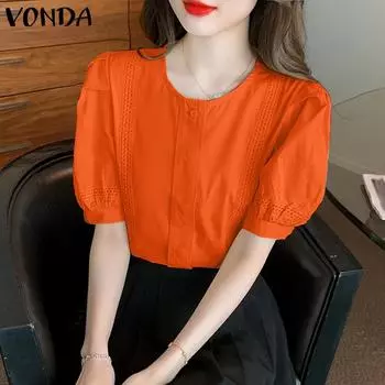 VONDA женская летняя свободная блузка с круглым вырезом и короткими рукавами, кружевная однотонная блузка