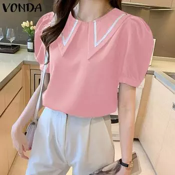 VONDA женская летняя свободная блузка с круглым вырезом и короткими рукавами контрастного цвета, прямая свободная блузка