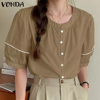 VONDA женская летняя свободная блузка с круглым вырезом и коротким рукавом на пуговицах 4XL хаки