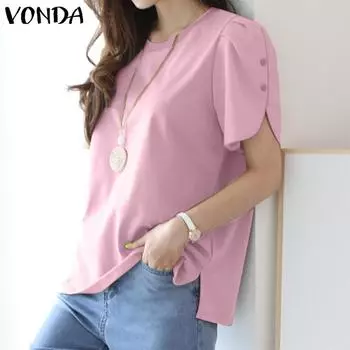 VONDA женская летняя свободная блузка с круглым вырезом и коротким рукавом на пуговицах