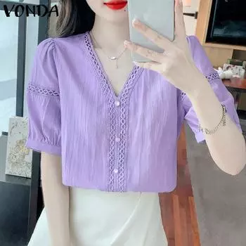 VONDA женская летняя свободная блузка с круглым вырезом и короткими рукавами, однотонная кружевная блузка