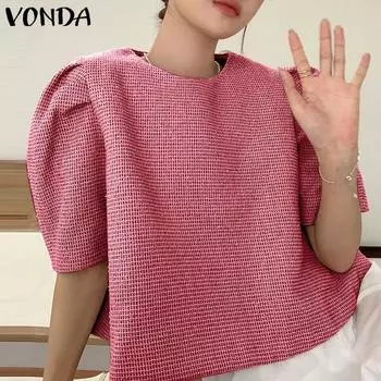 VONDA женская летняя свободная блузка с круглым вырезом и короткими рукавами, однотонная текстура