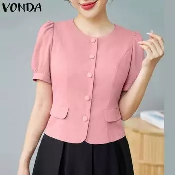 VONDA женская летняя однотонная свободная блузка с круглым вырезом и короткими рукавами, карманами и клапанами