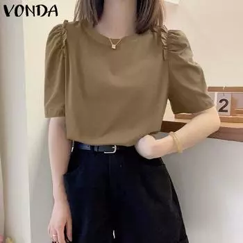 VONDA женская летняя свободная блузка с круглым вырезом и оборками и короткими рукавами