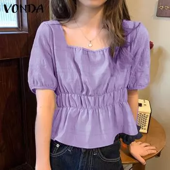 VONDA женская летняя свободная блузка с квадратным вырезом и короткими рукавами, плиссированная талия, желудь Myo, однотонная ткань
