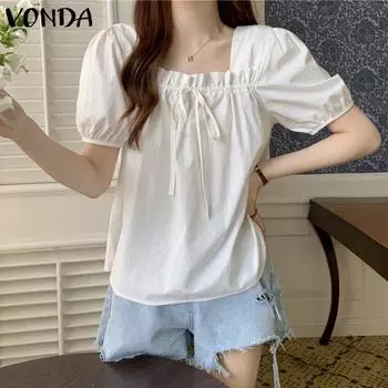 VONDA женская летняя свободная блузка с квадратным вырезом и короткими рукавами и рюшами на бретельках