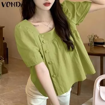 VONDA женская летняя свободная блузка с квадратным вырезом и короткими рукавами и пуговицами S ярко-розовый