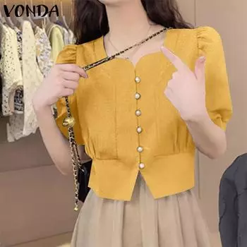 VONDA женская летняя свободная блузка с квадратным вырезом и короткими рукавами и пуговицами