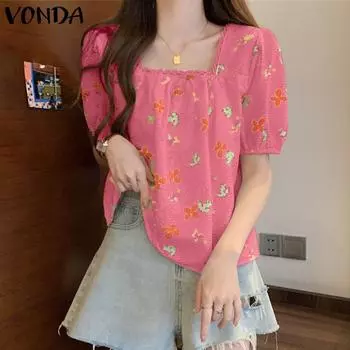 VONDA женская летняя свободная блузка с квадратным вырезом и короткими рукавами и кружевным принтом