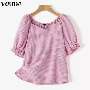 VONDA женская летняя свободная блузка с квадратным вырезом и короткими рукавами из мышечной ткани, сплошной цвет 3XL розовый