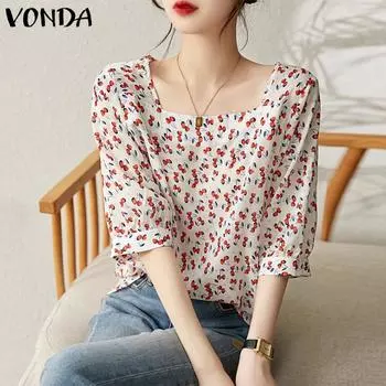 VONDA женская летняя свободная блузка с квадратным вырезом и средними рукавами с цветочным принтом