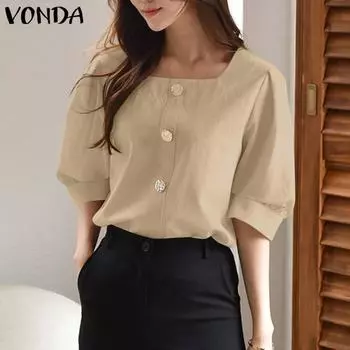 VONDA женская летняя свободная блузка с квадратным вырезом и рукавами 1/2, однотонная планка на пуговицах