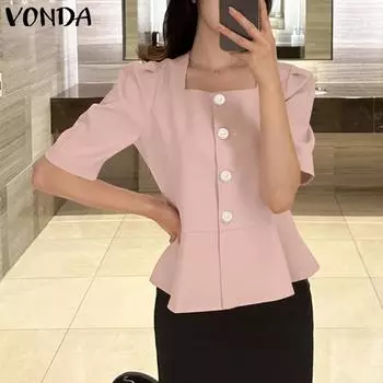 VONDA женская летняя свободная блузка с квадратным вырезом и короткими рукавами и пуговицами 5XL хаки