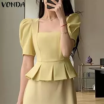 VONDA женская летняя свободная блузка с квадратным вырезом и короткими рукавами, простая свободная блузка с отложным краем 5XL жёлтый