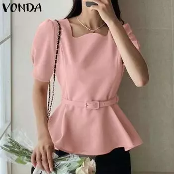 VONDA женская летняя свободная блузка с квадратным вырезом и короткими рукавами, однотонный пояс с поясом