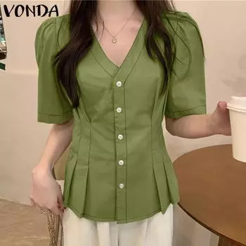 VONDA женская летняя свободная блузка с v-образным вырезом и открытой планкой, с короткими рукавами и пуговицами