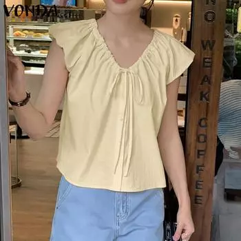 VONDA женская летняя свободная блузка с v-образным вырезом и летающими рукавами на шнурке и пуговицах