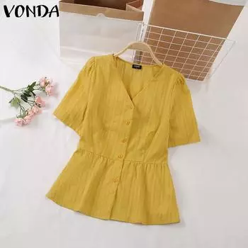 VONDA женская летняя свободная блузка с v-образным вырезом и короткими рукавами и пуговицами на талии, однотонная