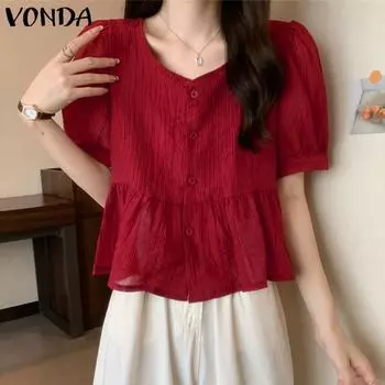 VONDA женская летняя свободная блузка с v-образным вырезом и короткими рукавами, плиссированная пуговица, сплошной цвет