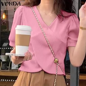 VONDA женская летняя свободная блузка с v-образным вырезом и короткими рукавами, однотонная кроссовер S зелёный