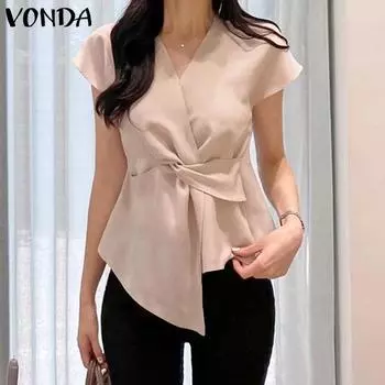 VONDA женская летняя свободная блузка с v-образным вырезом и половиной рукавов, витой галстук, неровный подол, однотонная