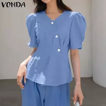 VONDA женская летняя свободная блузка с v-образным вырезом и наклонной планкой, с короткими рукавами и пуговицами