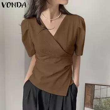 VONDA Женская летняя свободная блузка с v-образным вырезом и короткими рукавами, плиссированная талия, сплошной цвет