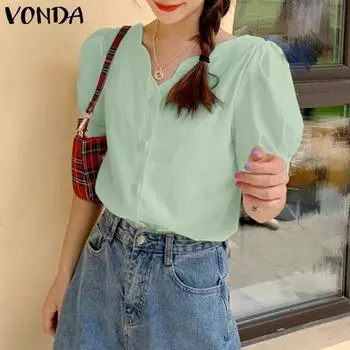 VONDA женская летняя свободная блузка с v-образным вырезом и короткими рукавами и пуговицами