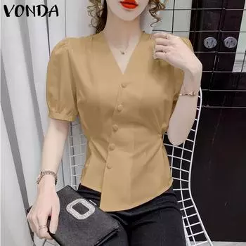 VONDA женская летняя свободная блузка с v-образным вырезом и короткими рукавами и пуговицами