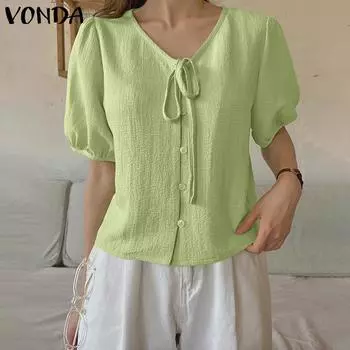 VONDA женская летняя свободная блузка с v-образным вырезом и короткими рукавами, однотонная свободная блузка с искусственным галстуком