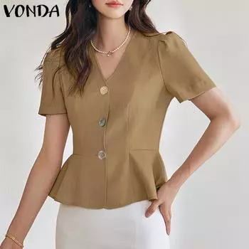 VONDA женская летняя свободная блузка с v-образным вырезом и короткими рукавами и пуговицами на талии, однотонная