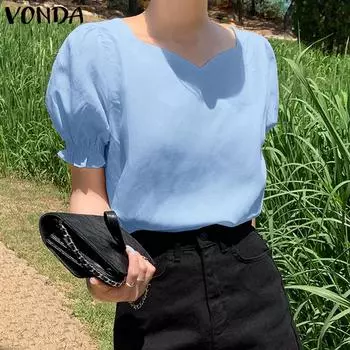 VONDA женская летняя свободная блузка с v-образным вырезом и пузырьками с короткими рукавами и галстуком, однотонная