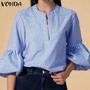 VONDA женская летняя свободная блузка с воротником-стойкой и длинными рукавами в полоску